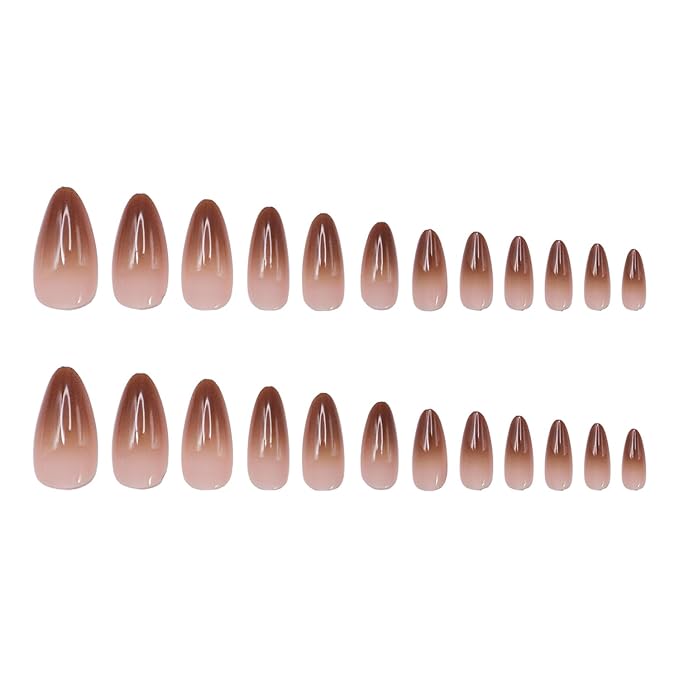 Long Almond Shaped Press on Nails Brown Gradient Design Fake Nails Glossy Reusable False Nails Fully Cover Acrylic Nails Stick on Nails for Women Nail DIY Decoration Accessories 24 Pcs