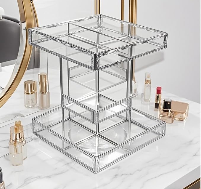 Hersoo 360 Degree Rotation Cosmetic Organizer -Premium Makeup Storage with Spin Base,Antique Countertop Cosmetic Storage,Large Capacity,Beauty Display for Countertop,Vanity or Bathroom (silver)-FemmiqueWomen
