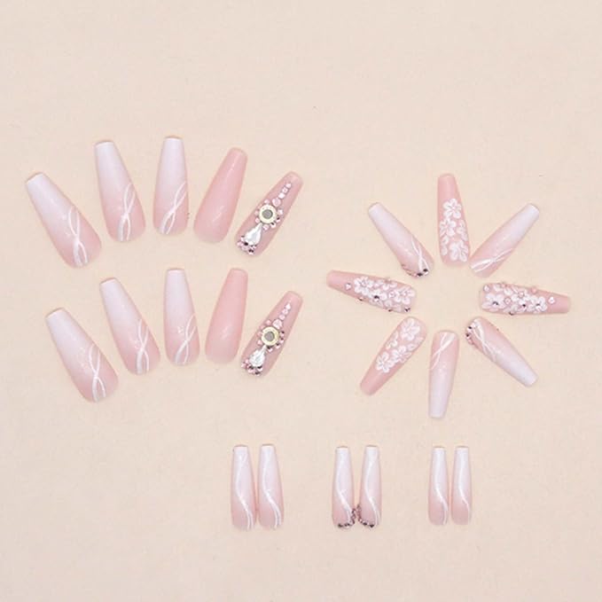 Long Coffin False Nails Gradient Press on Nails Daisy Nails Tips Acrylic Crystal Gem Design Fake Nails for Women and Girls 24Pcs