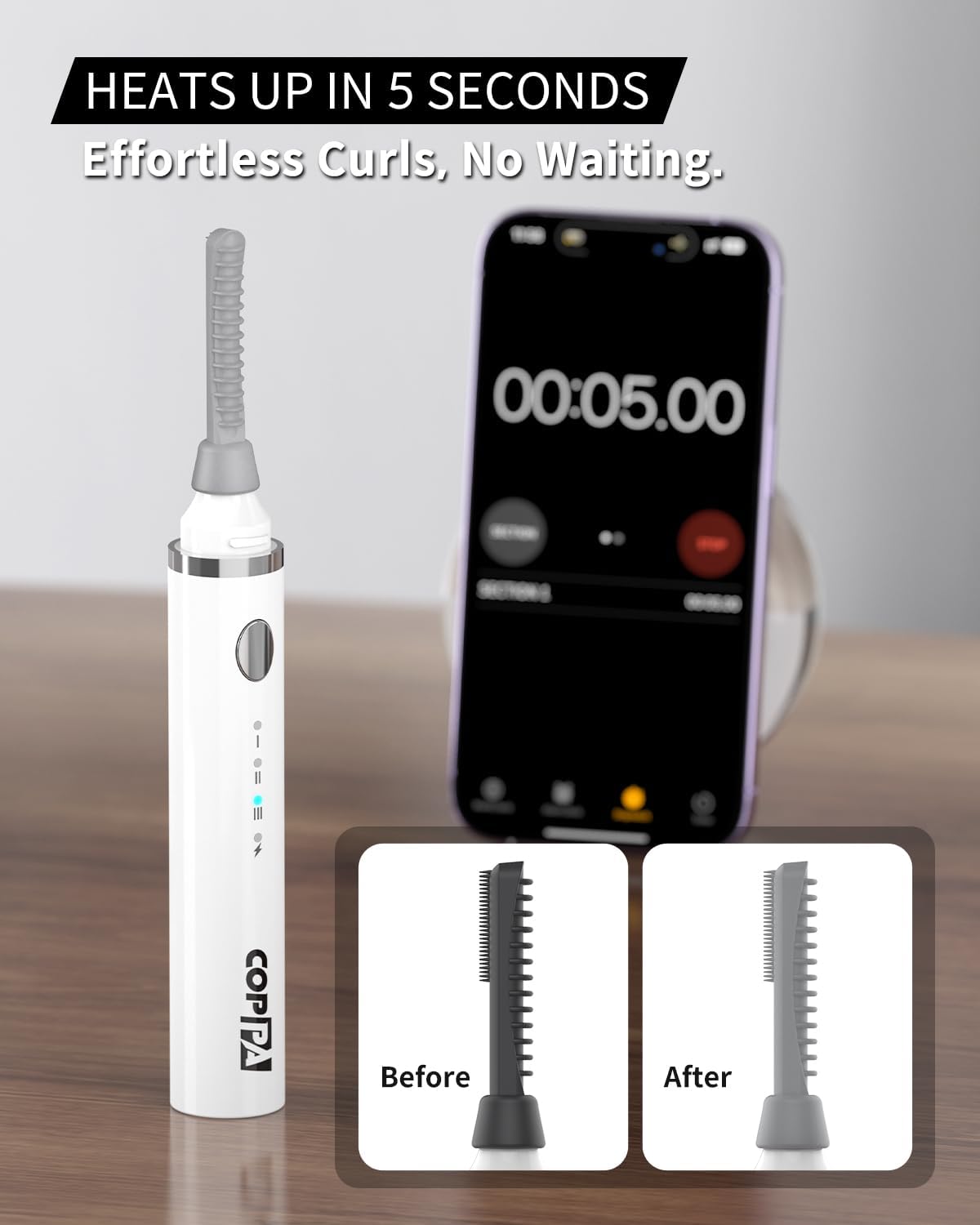 COPPA Electric Lash Curler, LP-1 Lipstick Type 3-in-1 Heated Eyelash Curler with 3 Brush Heads 3 Curling Modes and 3 Temp & 5s Quick Heat-up, Perfect for Beginners and Makeup Pros, White-FemmiqueWomen