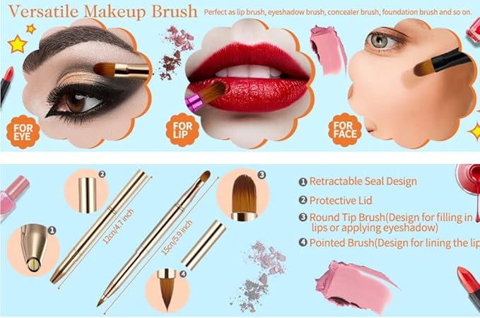 Retractable Eyebrow Eyelash Lip Brush Makeup Brush Double-Sided Soft With Cap Concealer Eyeliner For Travel Cosmetic Brushes, gold color-FemmiqueWomen