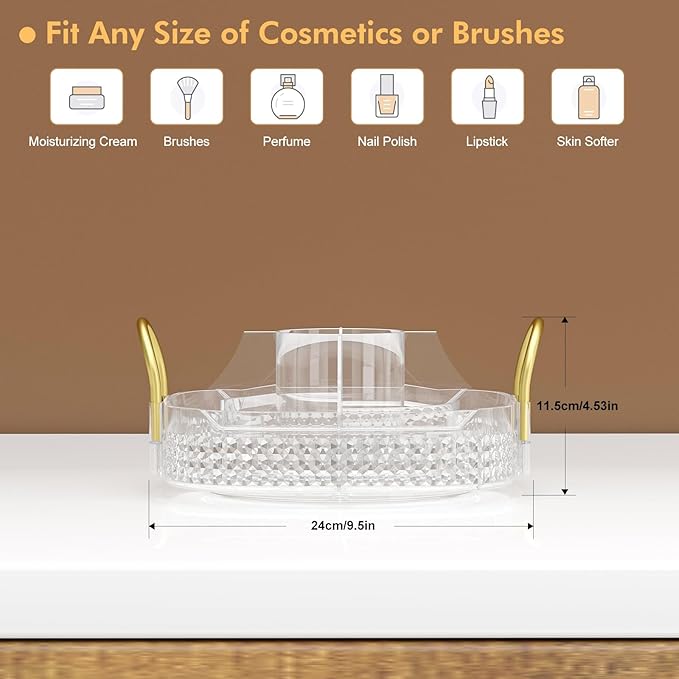 Awenia Rotating Makeup Organizer 360, Stackable Adjustable Large Capacity Cosmetic Storage Unit,Dresser Bathroom Kitchen Countertop Organizer with Metal Handle, Plus Size (Clear, 1 Tier)-FemmiqueWomen