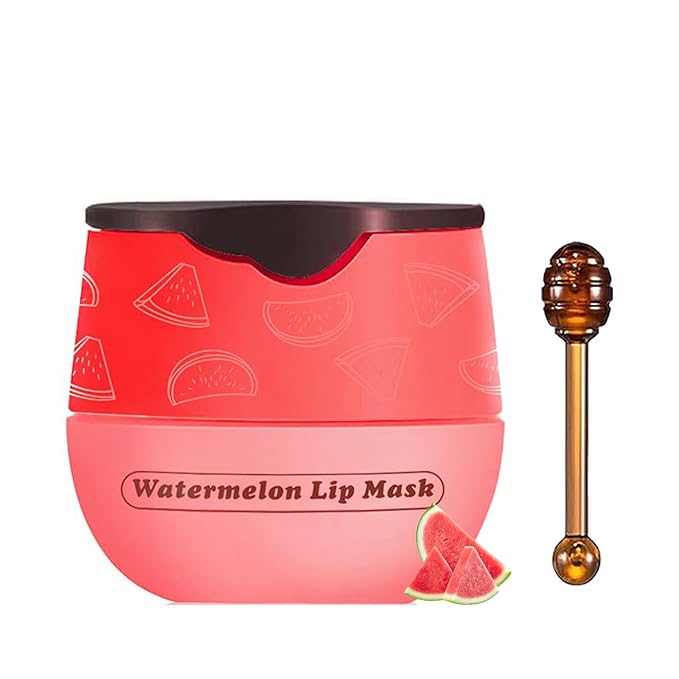 1 PCS Bee Lip Balm Lip Mask Honey Pot, Watermelon Moisturizing Sleeping Lip Mask Overnight with Sticks, Lip Balm Honey Pot Lip Balm Hydrating Prevention Dry and Crack Lip Scrubs Exfoliator-FemmiqueWomen