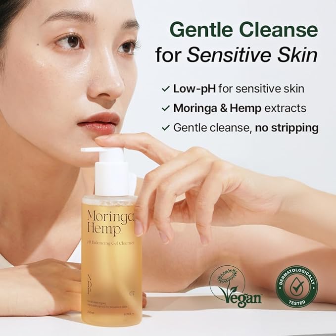 NDP Moringa Hemp Gel Cleanser, Gel-to-Foam, pH Balancing, Vegan, Non-Stripping, Hydrating Face Wash for Sensitive Skin – Fragrance-Free, Clean Beauty, Korean Skincare, 200ml / 6.76 fl oz-FemmiqueWomen