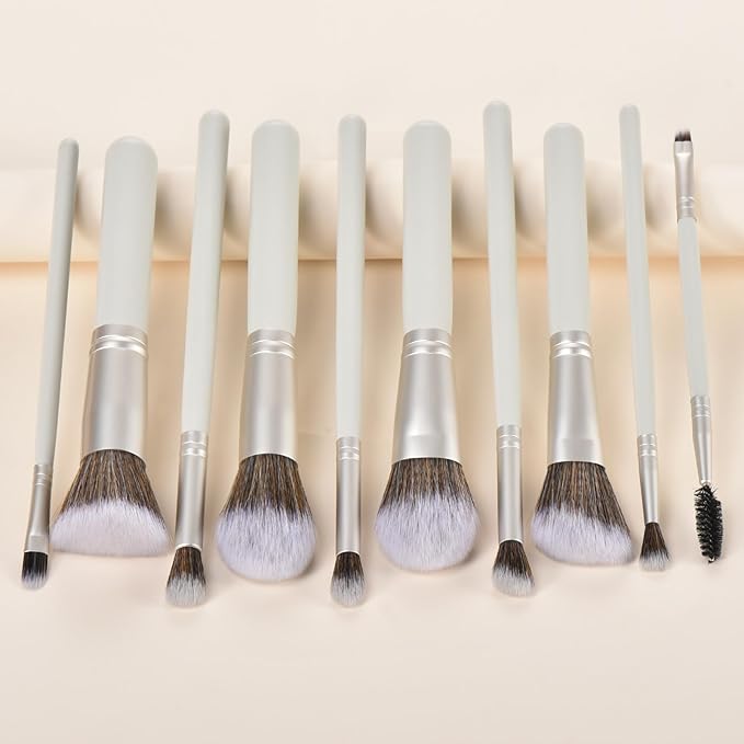 10 Piece Makeup Brushes - Grayish Green Wooden Handle with Soft Synthetic Bristles,for Face & Eye Makeup|Professional Makeup Brushes set for Women & Girls|-FemmiqueWomen
