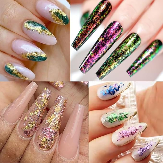 24Grid Aurora Opal Iridescent Nails Mermaid Flake Powder,Holographic Metal Color Gold Silver Confetti Nail Art Foil Paillettes,Irregular Glitter Sparkly Sequin Design for Manicure Decoration-FemmiqueWomen