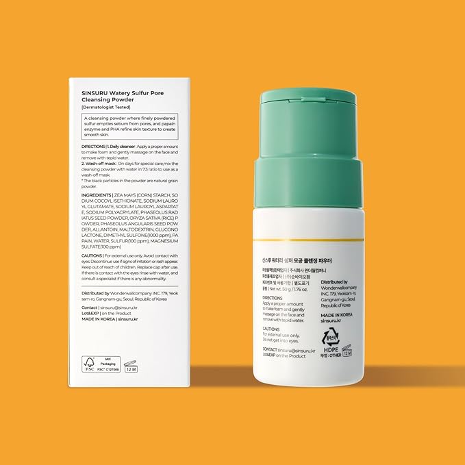 Watery Sulfur Pore Cleansing Powder, Korean Enzyme & Rice Powder & PHA Face Wash for Blackhead Removal, Sensitive and Acne-Prone Skin, Radiant Glow, Bumpy skin (1.76 oz / 50g)-FemmiqueWomen