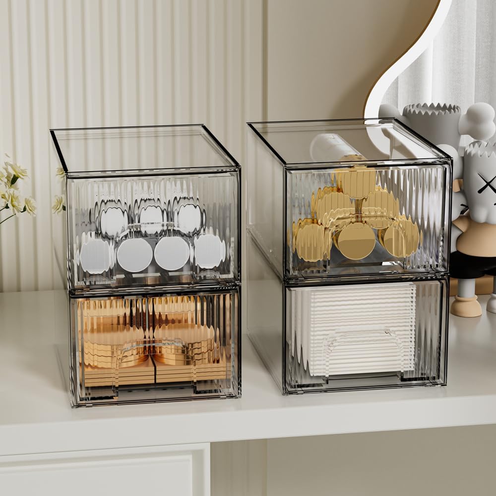 ZHIAI 4 Pack Clear Stackable Storage Drawer, Acrylic Drawer, Cosmetic Organizer, Plastic Organizer for Dresser, Under, Kitchen Cabinet, Pantry, Home Organization and Storage-FemmiqueWomen