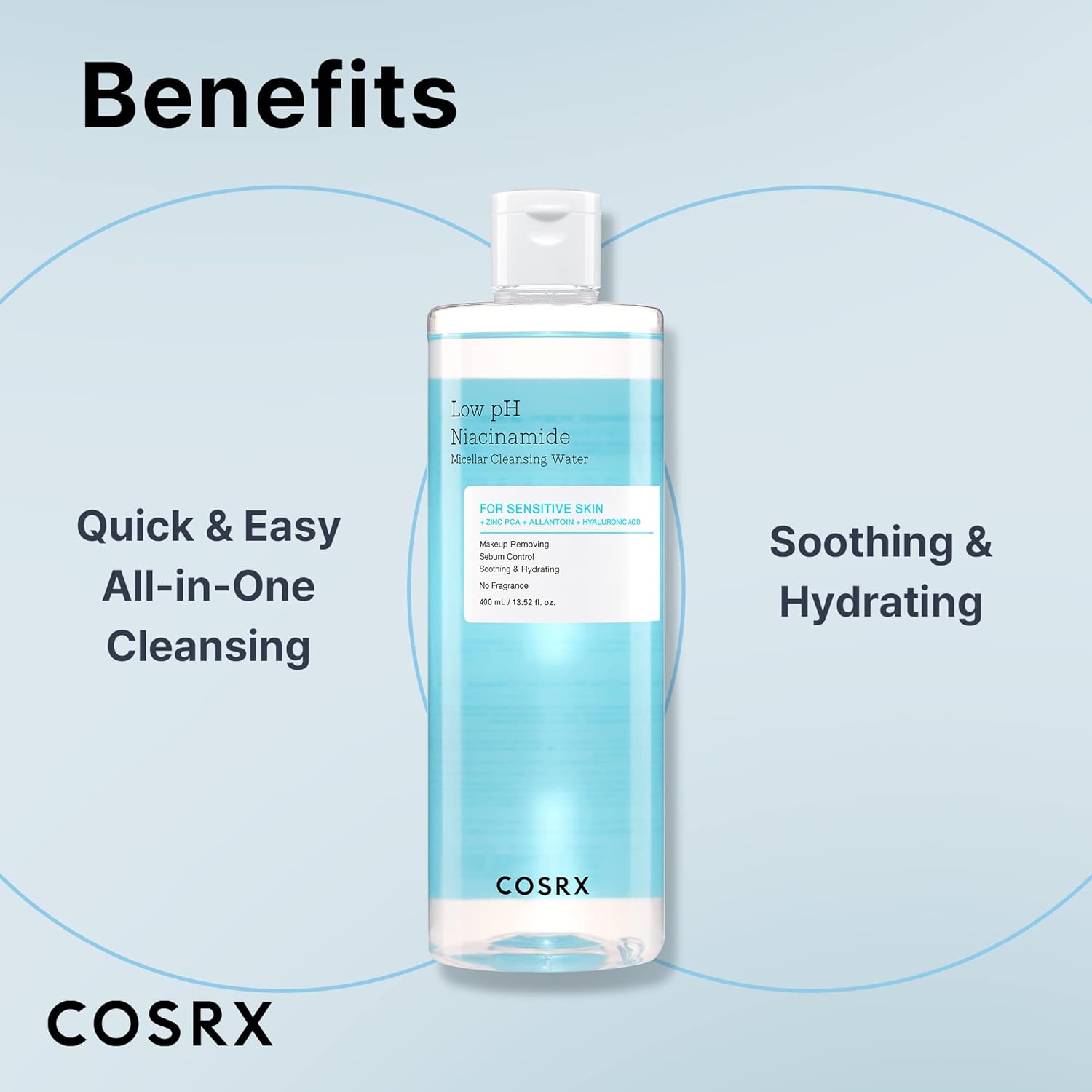 COSRX Low pH Niacinamide Micellar Cleansing Water Daily Mild Facial Cleansing Wash for Sensitive Skin, Sebum control, Korean Skin Care (13.52fl.oz/400ml)-FemmiqueWomen