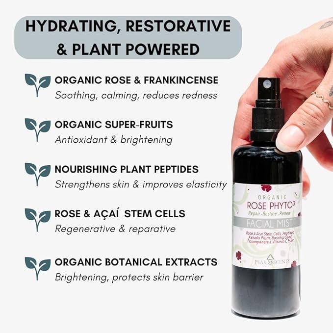 Organic & Vegan Rose Phyto³ Water Facial Spray - Moisturizing Face Mist & Setting Spray, Soothing, Hydrating Mist Rose Water For Face - Great for Facial Massaging (4 oz)-FemmiqueWomen