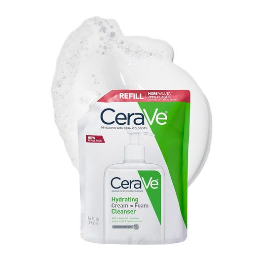 CeraVe Hydrating Cream To Foam Cleanser, Makeup Remover Face Wash For Dry Skin, Foaming Facial Cleanser With Hyaluronic Acid, Normal To Dry Skin, Fragrance Free & Non Comedogenic, 16 Ounce Refill-FemmiqueWomen