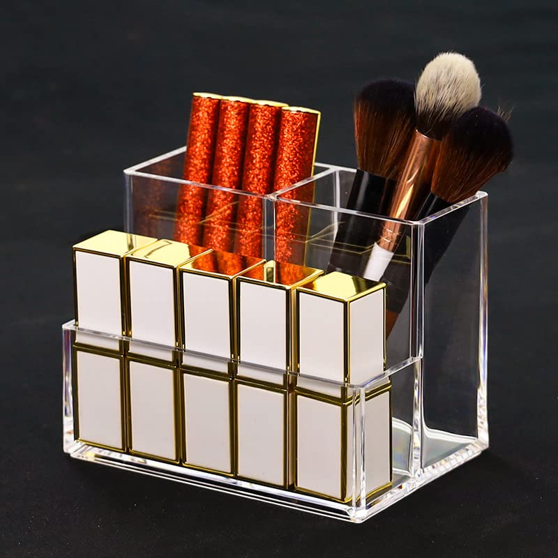 Acrylic Makeup Organizer Cosmetic Storage Makeup Display Case Makeup Brush Holder Lipstick Dispenser Canister Bathroom Container (5.1 x 3.5 x 3.9 in, 3 Partitions, Transparent)-FemmiqueWomen