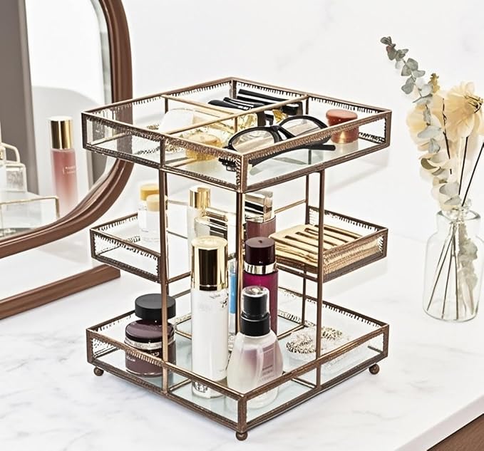 Vintage Glow Antique 360 Degree Rotating Makeup Organizer,4-Tier Spinning Perfume Tray,Countertop Cosmetic Storage,Glass Beauty Display,Retro Large Capacity Vanity Organizer for Brushes Skincare-FemmiqueWomen