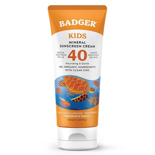 Badger Kids Mineral Sunscreen Cream SPF 40, 98% Organic Ingredients, Zinc Oxide Sunscreen for Kids Face & Body, Water Resistant, Reef Friendly, Hawaii Approved Broad Spectrum Sunblock, 2.9 fl oz-FemmiqueWomen
