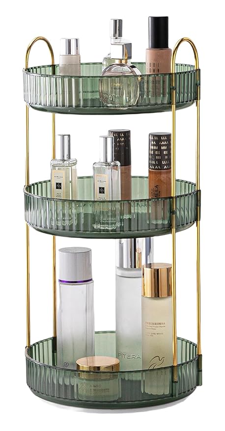 Makeup Organizer for Vanity, 360° Rotating Bathroom Organizer Countertop, High-Capacity Skincare Organizer, Spinning Cosmetics Organizer for Dresser Countertop (3 Tiers, Green)-FemmiqueWomen