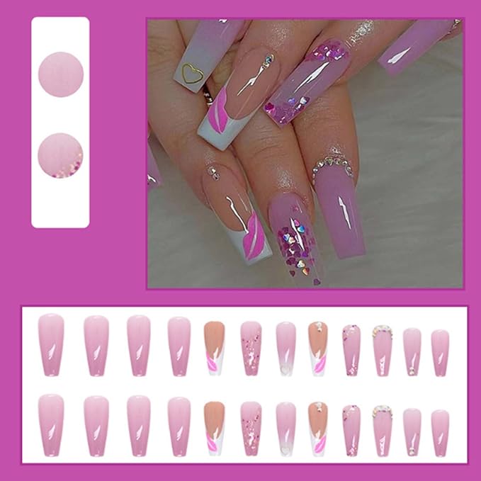 Long Coffin False Nails French Press on Nails Gradient Nails Tips Acrylic Cute Swirl Fake Nails for Women and Girls 24Pcs