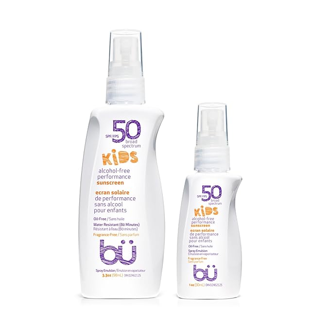 BU SPF 50 Fragrance Free Kids Sunscreen Spray for Face and Body, TSA Travel Size Sunscreen, Clear Non Aeorsol Spray, Non Greasy, Water Resistant and Oil Free, 3.3 oz and 1 oz (2-Piece Bundle)-FemmiqueWomen