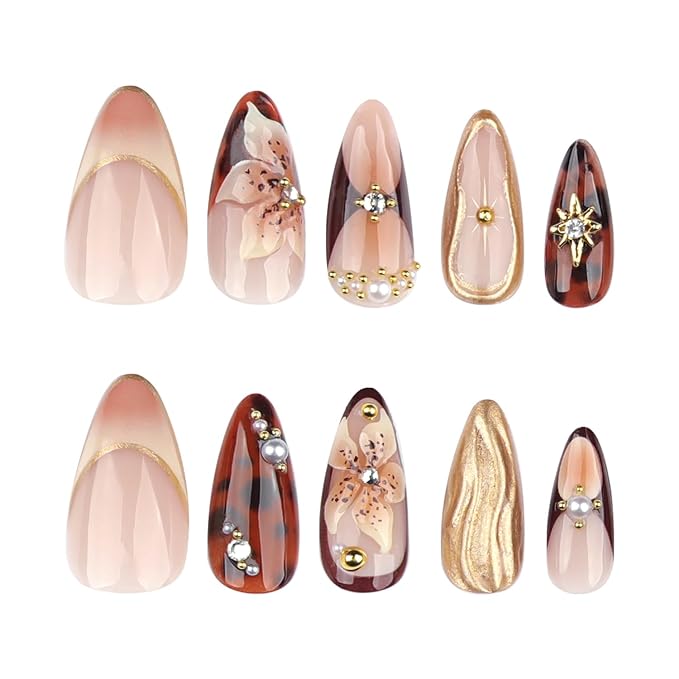 Long Almond Press on Nails Stiletto Fake Nails Relief Flower and Goldn Lines Press ons Handmade Nails Brown False Nails Pearls Rhinestones Acrylic Nails for Women Nail Art Decor 24 Pcs
