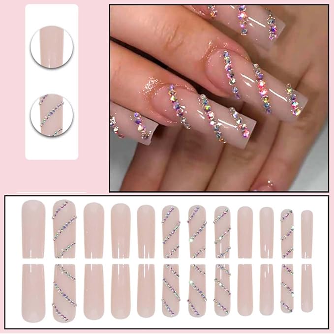 Long Coffin Press on Nails Glitter Fake Nails Full Cover Nails Tips Nude Crystal Gem Design False Nails for Women and Girls 24Pcs