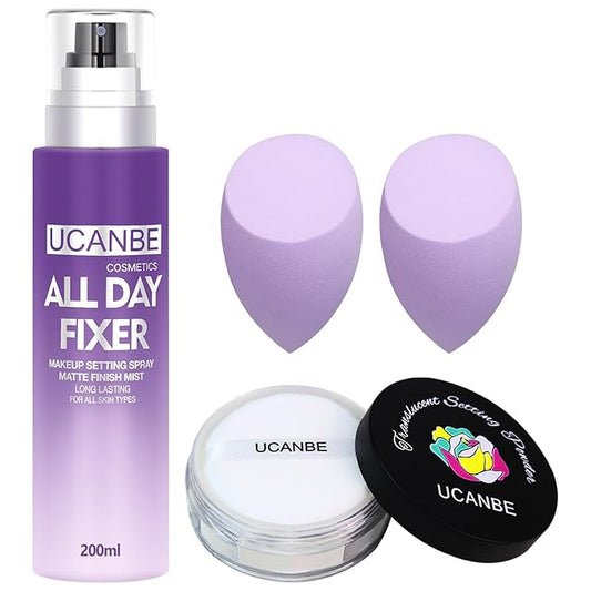UCANBEMAKUP Long Lasting Makeup Setting Spray Kit- 6.76 Fl oz Hydrating Matte Finish Mist Lightweight Face Make up Fixer +Translucent Loose Setting Powder+2PC Sponge Puff Set-FemmiqueWomen