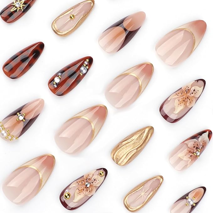 Long Almond Press on Nails Stiletto Fake Nails Relief Flower and Goldn Lines Press ons Handmade Nails Brown False Nails Pearls Rhinestones Acrylic Nails for Women Nail Art Decor 24 Pcs