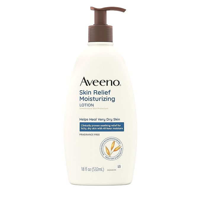 Aveeno Skin Relief Fragrance-Free Moisturizing Lotion for Sensitive Skin, with Natural Shea Butter & Triple Oat Complex, Unscented Therapeutic Body Lotion for Itchy, Extra-Dry Skin, 18 fl. oz-FemmiqueWomen