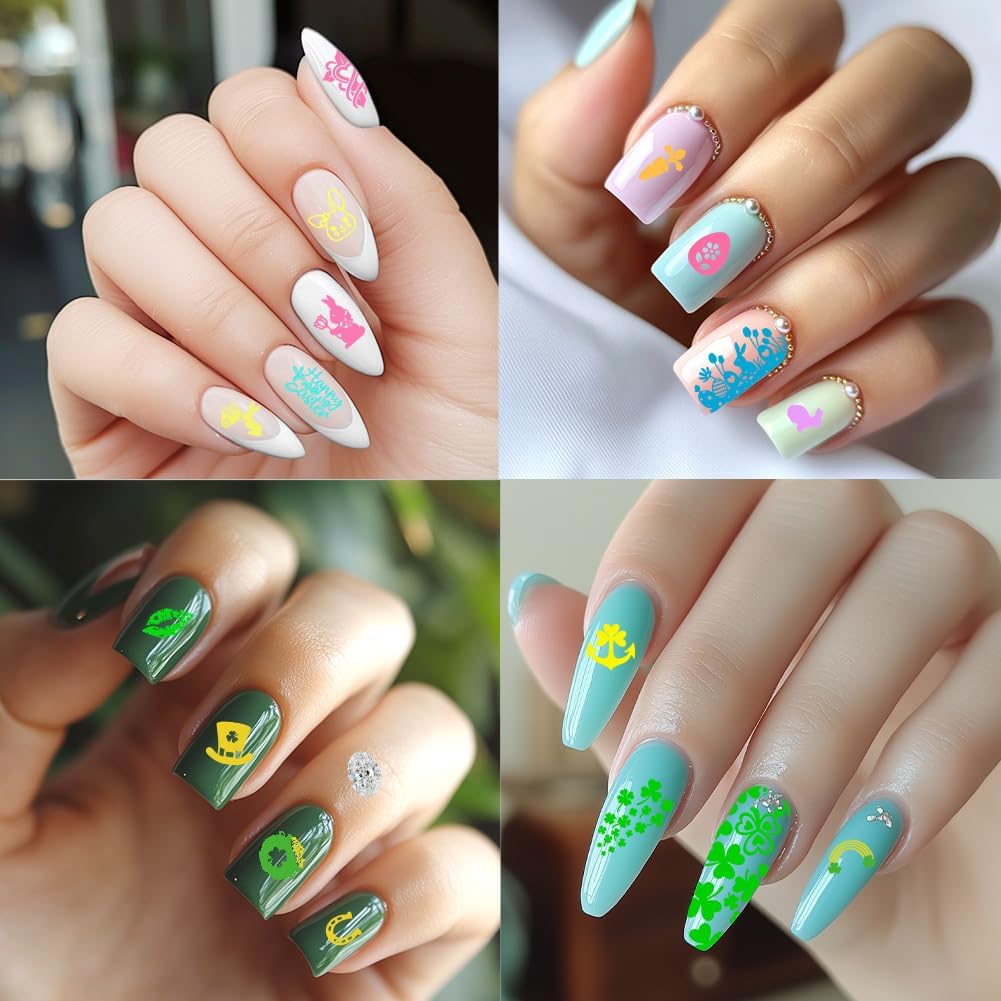 3Pcs Holiday Nail Stamping Plate Seasonal Nail Stamp Templates Nail Art Stamp Plates Easter St. Patrick's Day Christmas Halloween Image Plate Tools with Stamper Scraper for Manicure Printing-FemmiqueWomen