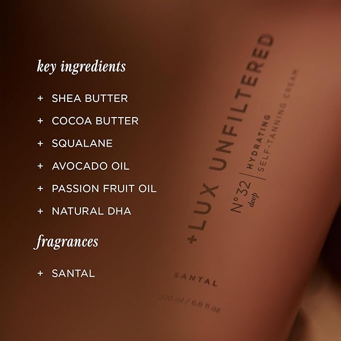 '+ Lux Unfiltered N°32 Deep Gradual Self Tanner, Hydrating Self Tanning Lotion with Shea Butter & Squalane - Non-Sticky, No Transfer, Natural-Looking Tan - Vegan & Cruelty-Free Sunless Tanner - Santal-FemmiqueWomen