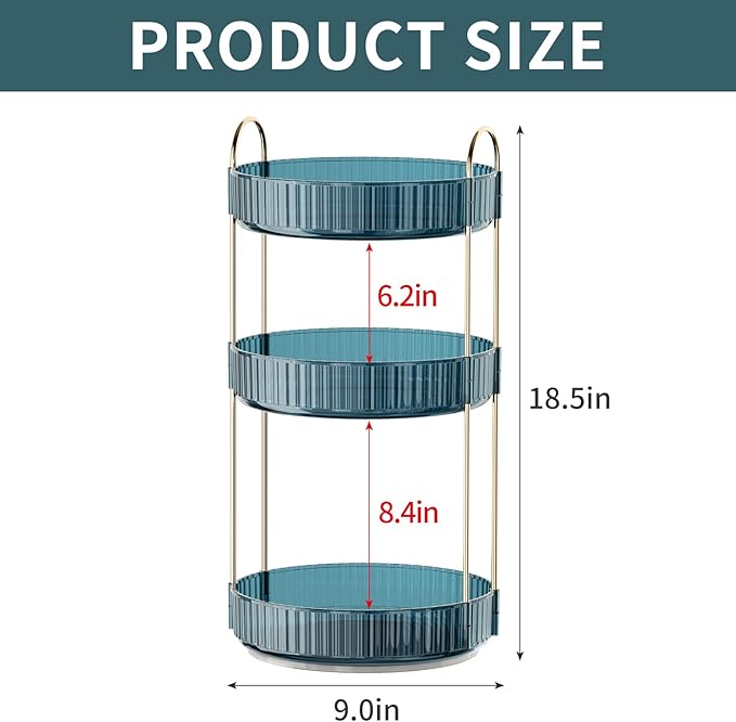 360° Rotating Makeup Organizer, Bathroom Organizers and Storage Holder Rack, Large Capacity Vanity Shelf Countertop, Fits Cosmetics, Perfume, Skin Care(Blue, 3 Tiers)-FemmiqueWomen