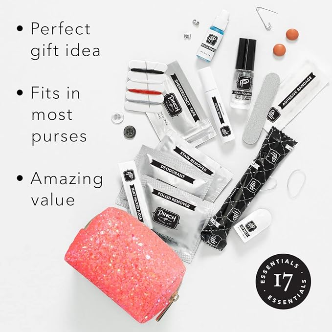 Pinch Provisions Coral Glitter Minimergency Kit, includes 17 Travel-Sized Cosmetic Essentials, Convenient for Purses, Emergency Beauty Accessories, Gifts for Holiday’s & Birthday’s-FemmiqueWomen