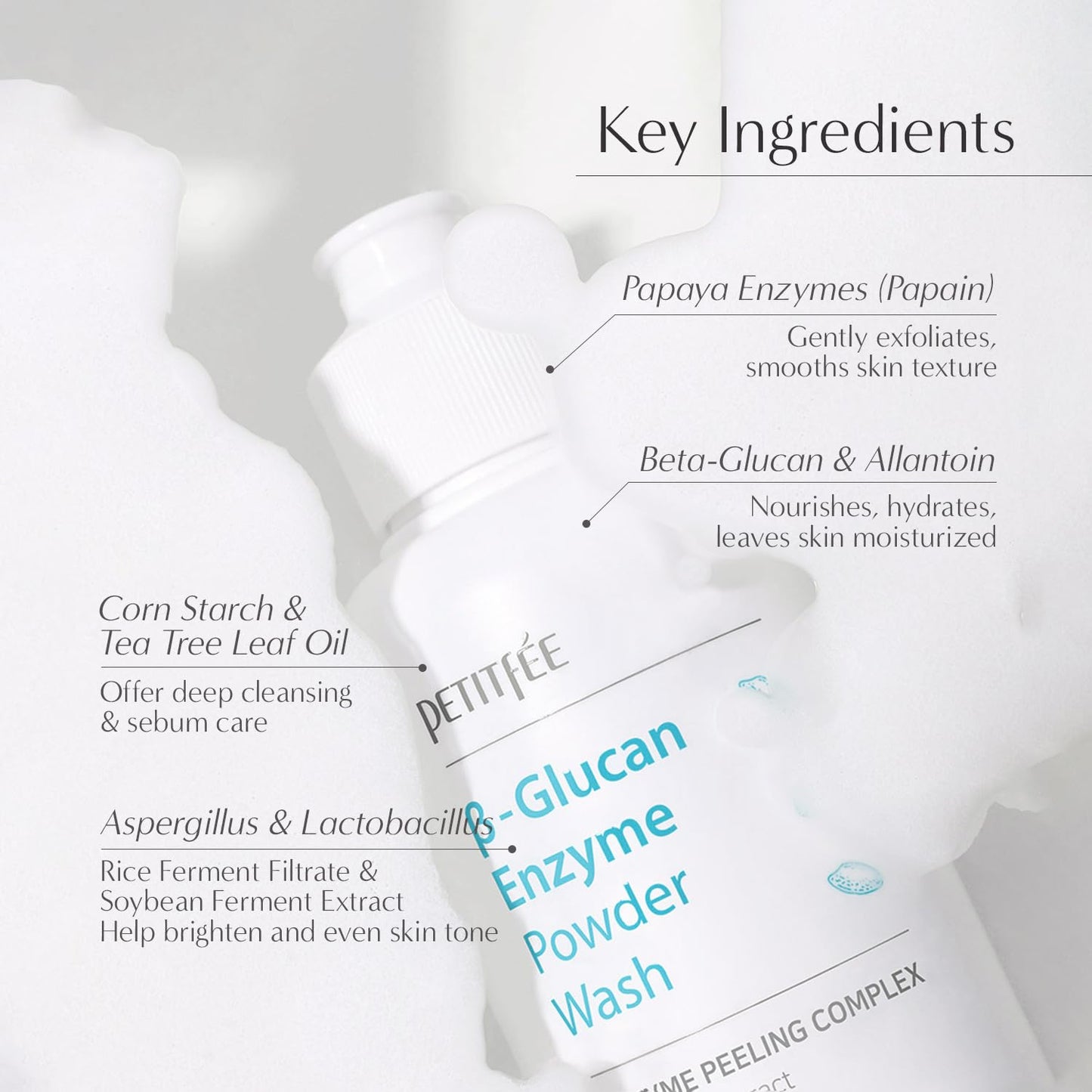 Petitfee B-Glucan Enzyme Wash, Facial Cleanser, Cleansing Powder with Papaya Extract Papain, Rice Ferment Extract for Gentle, Daily Exfoliation, Powder Soap, Cleansing Mask (80g (2.82o.z))-FemmiqueWomen