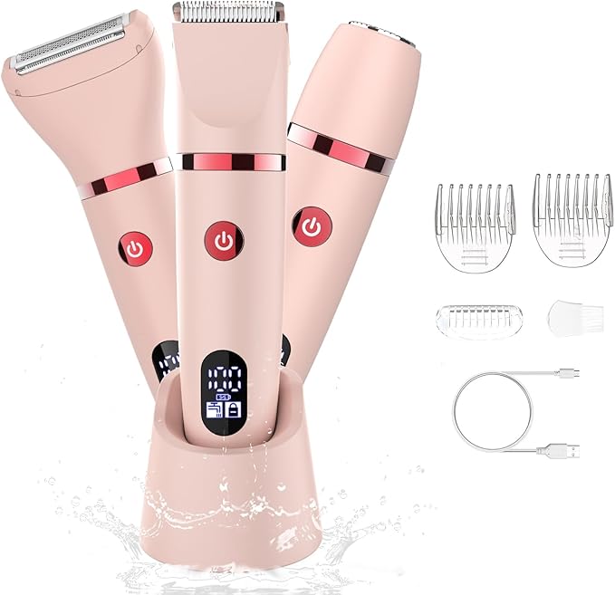 3-in-1 Electric Razor IPX7 Waterproof Bikini Trimmer Wet & Dry Use Painless Personal Trimmer Groomer for Ladies Face Body Legs Bikini Public Hairs Electric Lady Shaver with Replaceable Heads-FemmiqueWomen