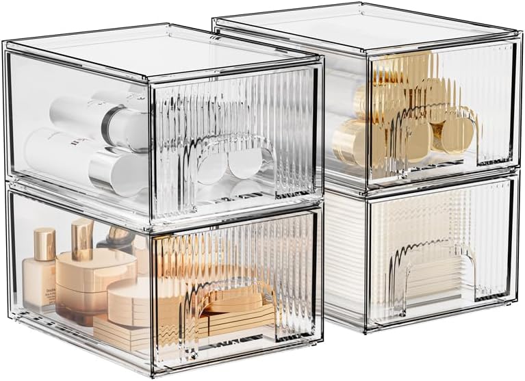 ZHIAI 4 Pack Clear Stackable Storage Drawer, Acrylic Drawer, Cosmetic Organizer, Plastic Organizer for Dresser, Under, Kitchen Cabinet, Pantry, Home Organization and Storage-FemmiqueWomen