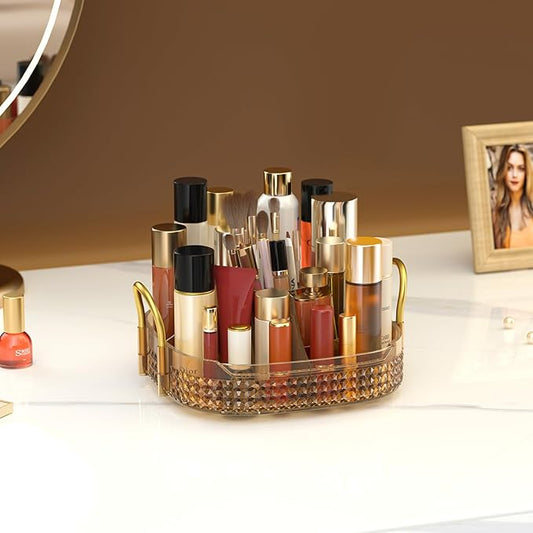 Awenia Rotating Makeup Organizer 360, Stackable Adjustable Large Capacity Cosmetic Storage Unit,Dresser Bathroom Kitchen Countertop Organizer with Metal Handle, Plus Size (Honorable Gold, 1 Tier)-FemmiqueWomen