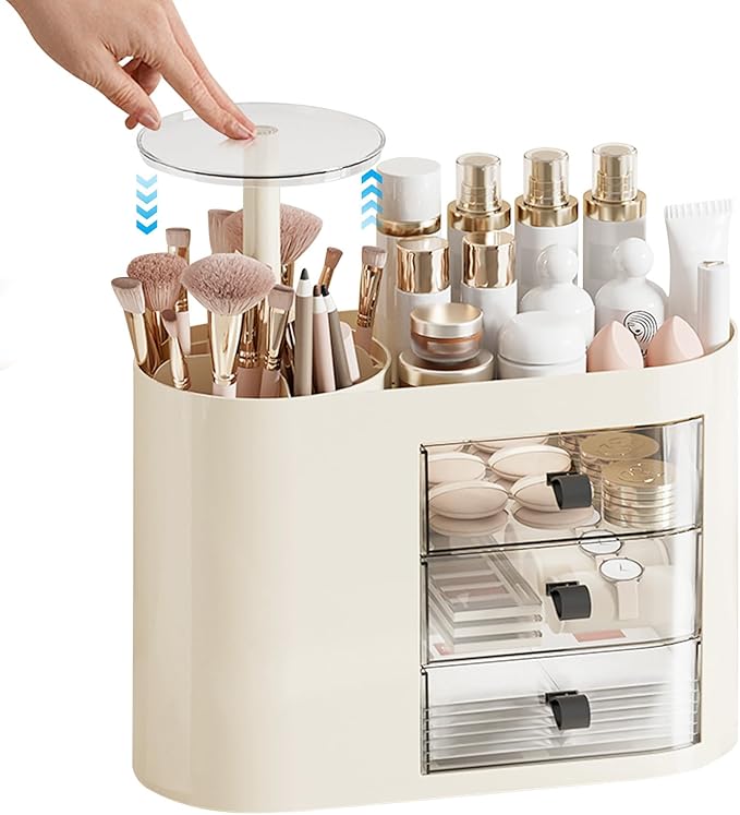 DASITON Makeup Organizer with 3 Drawers,Automatic Lifting Makeup Brush Holder with Lid,Large Capacity Makeup Organizers for Vanity,Bathroom Countertop,Ideal Storage Skin Care,Brushes,Lipstick (Cream)-FemmiqueWomen