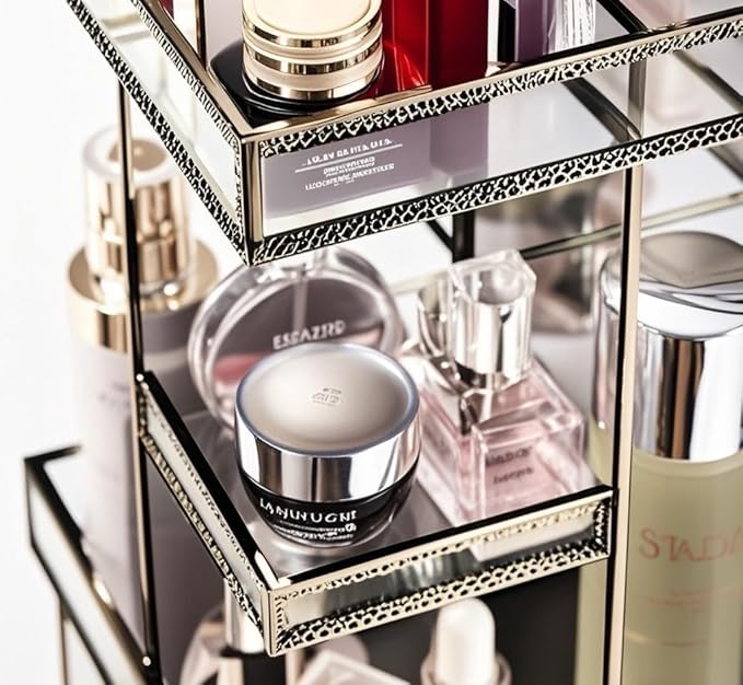 Vintage Glow Antique 360 Degree Rotating Makeup Organizer,4-Tier Spinning Perfume Tray,Countertop Cosmetic Storage,Glass Beauty Display,Retro Large Capacity Vanity Organizer for Brushes Skincare-FemmiqueWomen