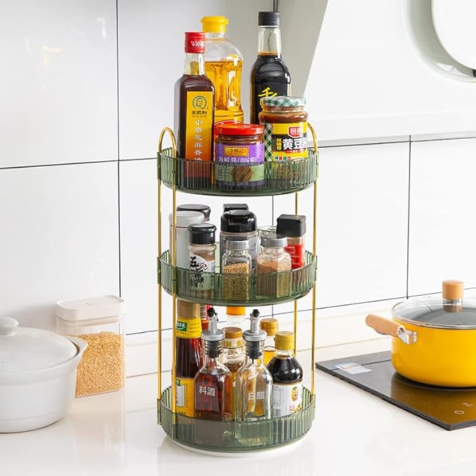 Makeup Organizer for Vanity, 360° Rotating Bathroom Organizer Countertop, High-Capacity Skincare Organizer, Spinning Cosmetics Organizer for Dresser Countertop (3 Tiers, Green)-FemmiqueWomen