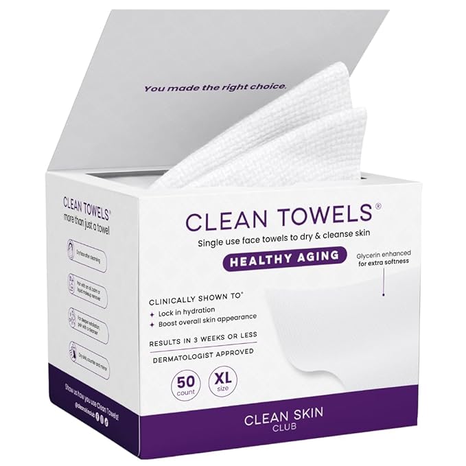 Clean Skin Club Clean Towels XL Healthy Aging™, Smooths Fine Lines Wrinkles & Texture In 6 Weeks, Treated for Extra Softness, Disposable Face Towels, Anti Aging Makeup Remover Dry Wipe (50 Ct, 1 Pack)-FemmiqueWomen