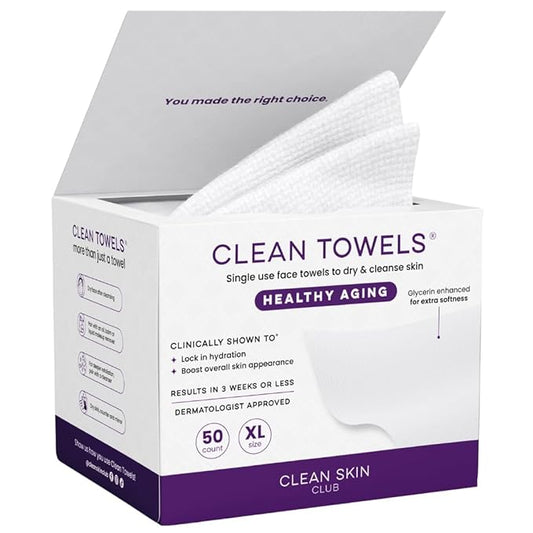 Clean Skin Club Clean Towels XL Healthy Aging™, Smooths Fine Lines Wrinkles & Texture In 6 Weeks, Treated for Extra Softness, Disposable Face Towels, Anti Aging Makeup Remover Dry Wipe (50 Ct, 1 Pack)-FemmiqueWomen