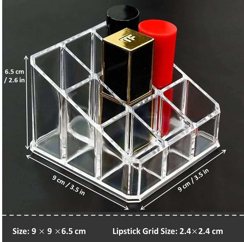 Acrylic Makeup Organizer Cosmetic Storage Display Case Makeup Brush Holder Organizer Lipstick Dispenser Canister Bathroom Container (3.5 x 3.5 x 2.6 in, 9 Partitions, Transparent)-FemmiqueWomen