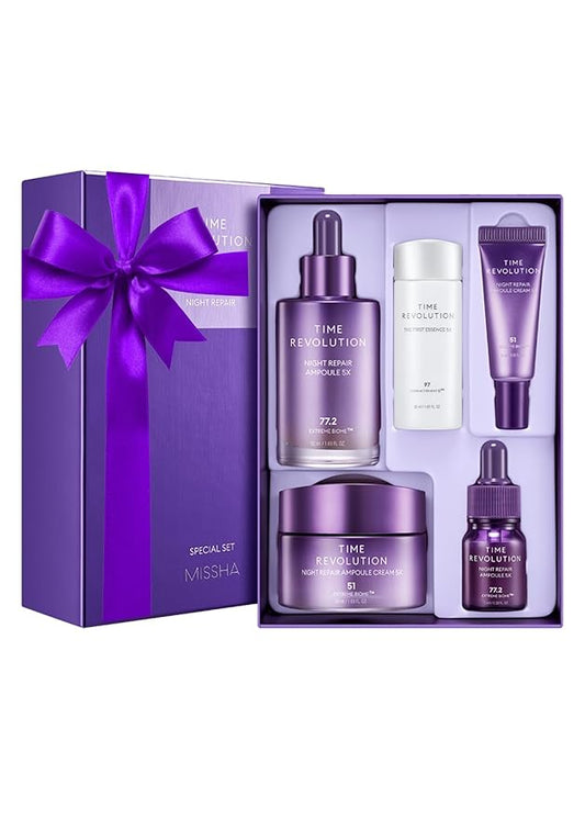 MISSHA Time Revolution Night Repair 5X Gift Set Night Repair Ampoule and Cream 5X, The First Essence 5X for Youthful, Glowing Skin-FemmiqueWomen