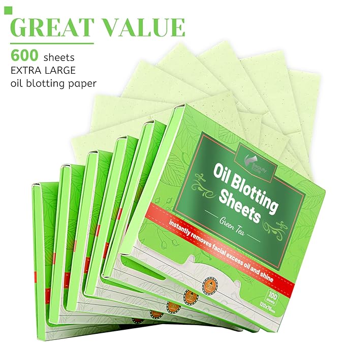 Oil Blotting Sheets for Face - Green Tea,26% Larger,6pk/600 Natural Blotting Paper for Oily Skin,Makeup Friendly Oil Absorbing Sheets,Easy To Grab One-FemmiqueWomen