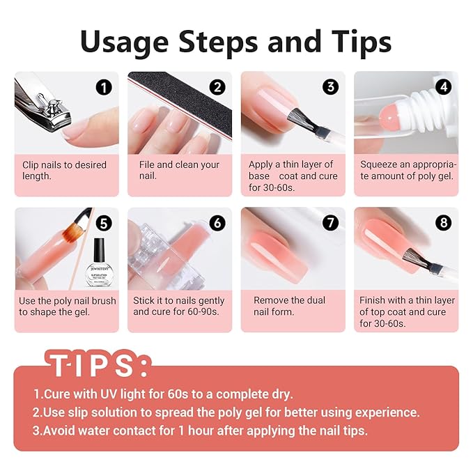 JEWHITENY Poly Nail Gel Set Clear Pink White Poly Extension Gel With Base Coat Top Coat Slip Solution French Manicure Need U V Lamp Curing for Finger Art and Home DIY-FemmiqueWomen