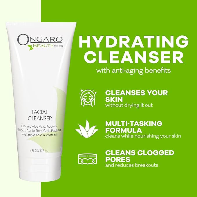 Ongaro Beauty Hydrating Face Cleanser, Gentle Facial Cleanser with Organic Aloe Vera for Normal, Oily, Sensitive and Dry Skin, Facial Wash with Hyaluronic Acid and Vitamin E, 6 fl oz-FemmiqueWomen
