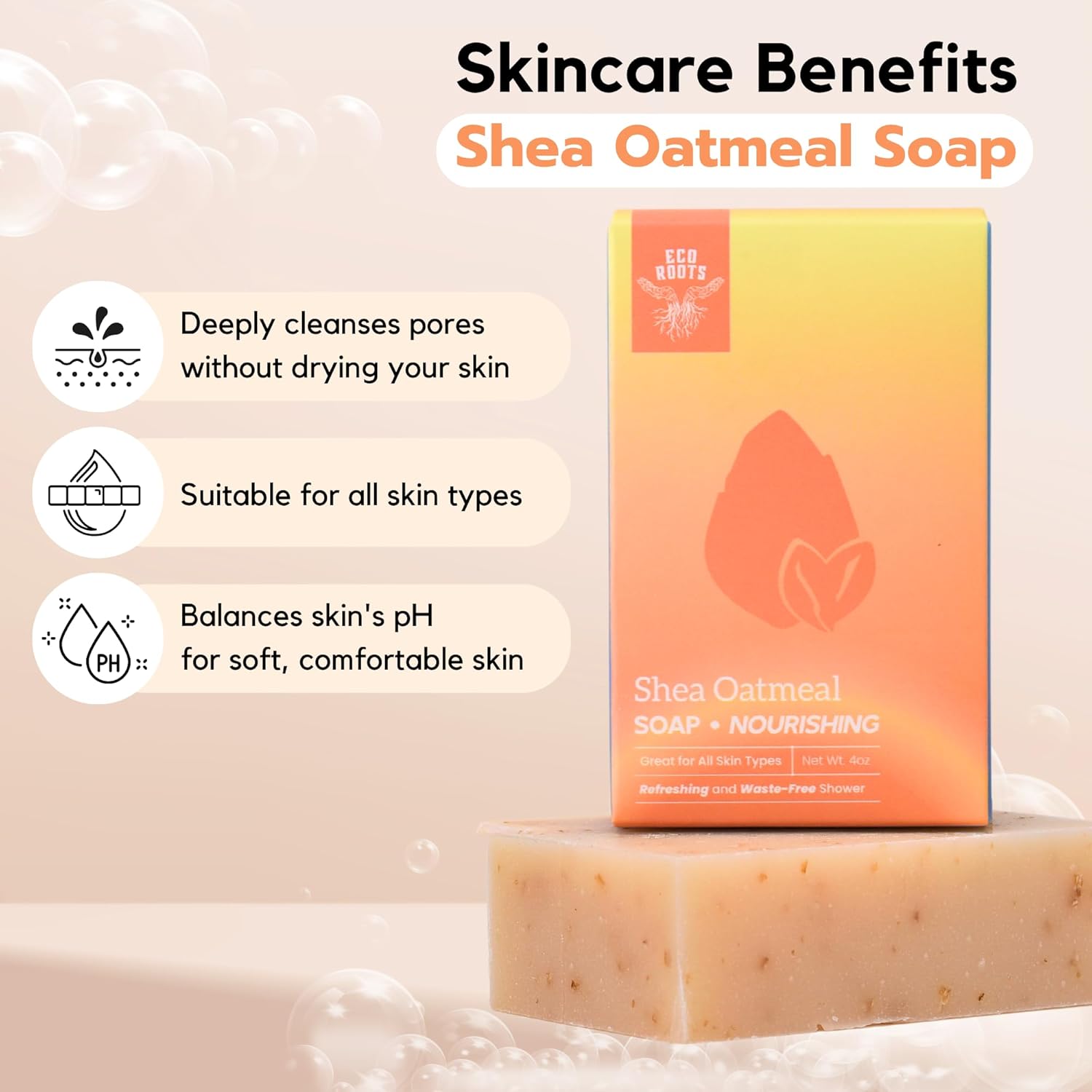 ECO ROOTS 3 Pack Natural Oatmeal Soap Bar – Face & Body Cleansing Bar with Shea Butter & Coconut Oil – Gentle Daily Moisturizing Bars of Soap-FemmiqueWomen