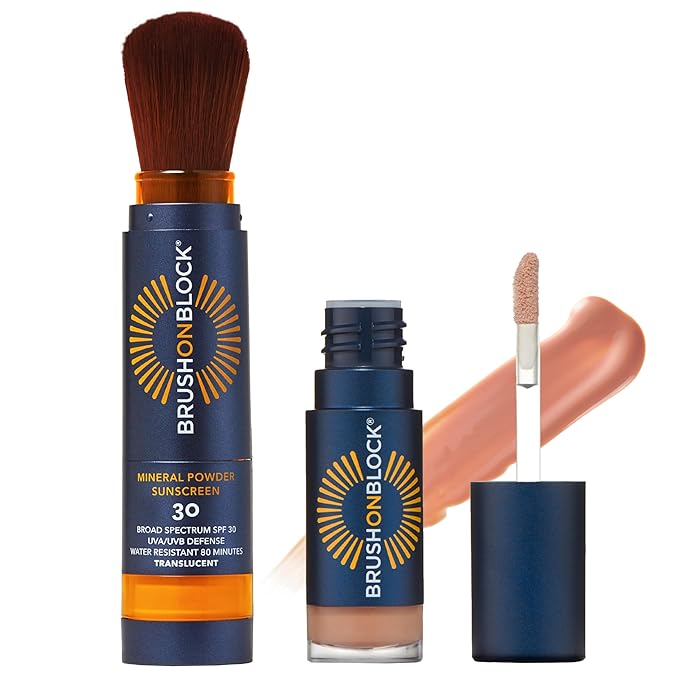 Brush On Block Full Face Sun Protection Kit, Translucent Mineral Powdered Sunscreen & Protective Lip Oil SPF 30, Reef Friendly, FSA HSA Eligible-FemmiqueWomen