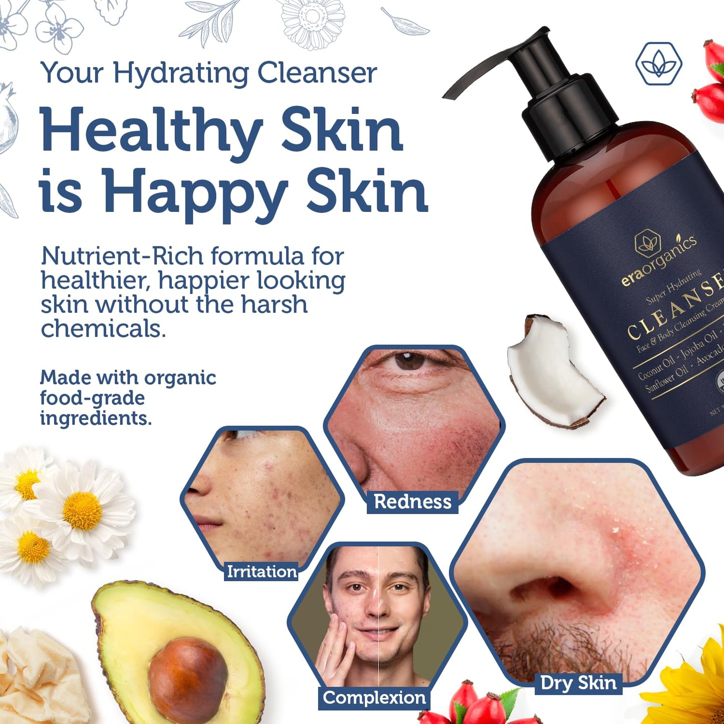 Era Organics USDA Organic Men's Face Wash - Nourishing, Hydrating Facial, Body Cleanser for Smoother Skin-FemmiqueWomen