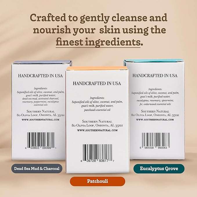 Southern Natural Goat Milk Soap Bar (Variety 3 Pack) Dead Sea Mud & Charcoal, Patchouli, Eucalyptus Grove - For Dry Sensitive Skin. Great For Face and Body.(Each Bar 4-4.5 oz)-FemmiqueWomen