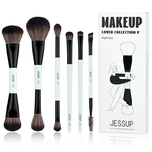 Jessup Makeup Brush Set 6pcs Double Sided Makeup Brushes Foundation Contour Blush Highlight Blending Eyebrow Brush Eyeshadow Brush, Vegan Fiber Make up Brush Bright Cyan T501-FemmiqueWomen