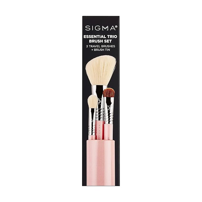 Sigma Beauty Travel Essential Trio - Makeup Brush Set for Foundation Powder Eyeshadow - 3 Tool Brushes with Brush Tin Holder - - Skin Safe, Vegan Makeup Brushes for Travel - Light Pink-FemmiqueWomen